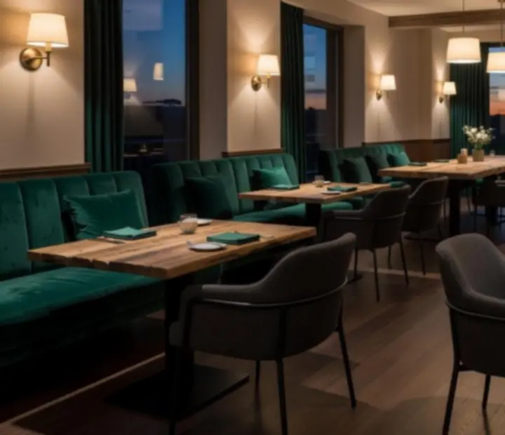 Mood-lit bistro dining room with dark jade tones and timber detailing