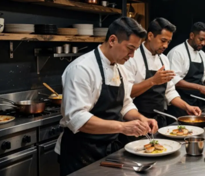 Chef team working together in an open kitchen, plating modern Australian dishes