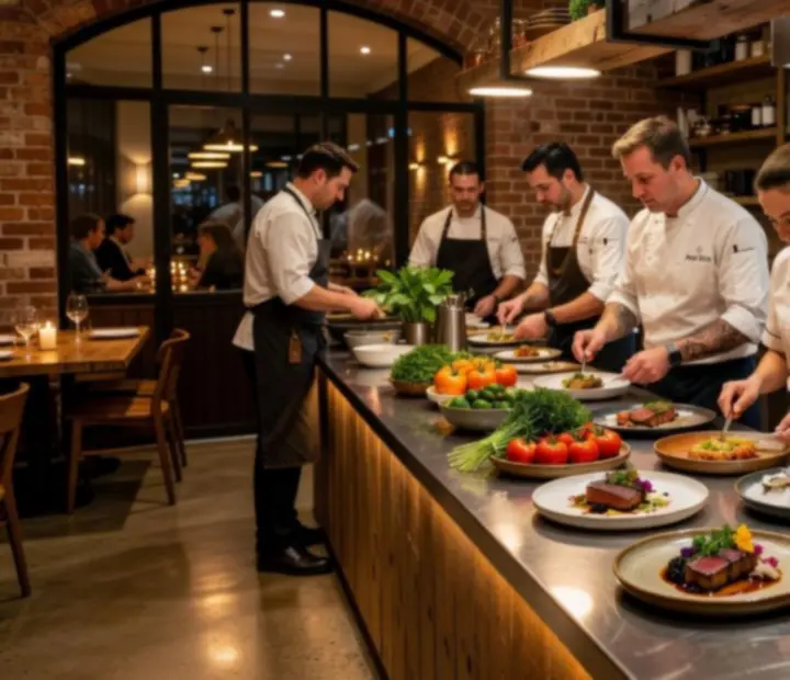 Chefs plating gourmet dishes in a low-lit bistro kitchen.