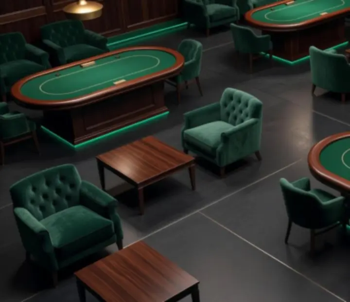 Club room layout with poker tables, plush seating, and private nooks