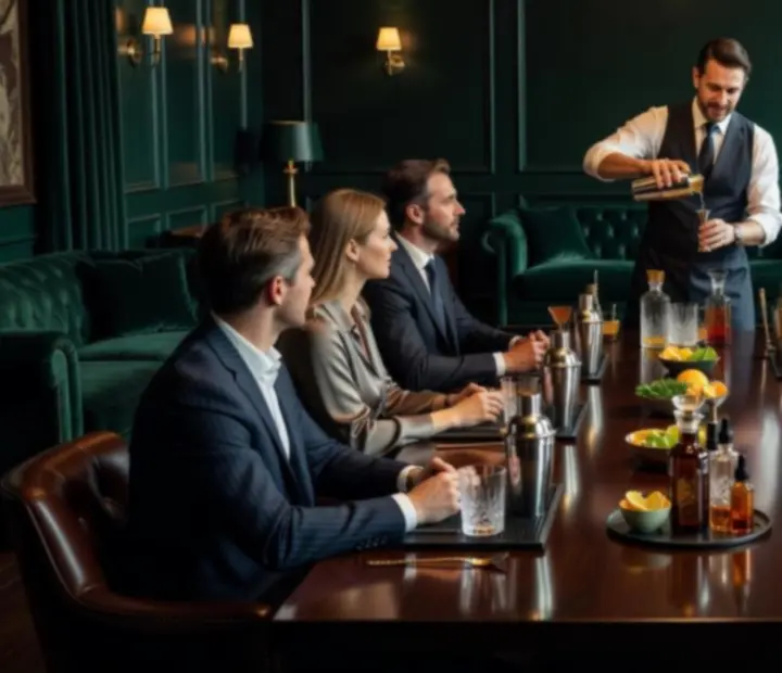 Guests gathered around a bar watching a mixologist lead a cocktail masterclass in an intimate salon setting