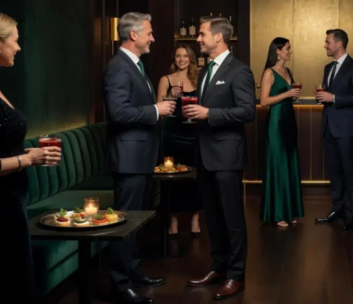 Guests enjoying cocktails and canapés in an opulent lounge setting