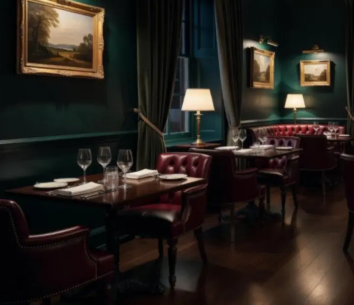 Private dining tables in a mood-lit bistro with emerald and oak accents