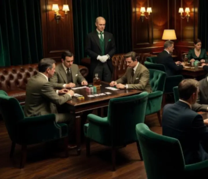 Intimate offline card lounge with green felt tables and moody lighting