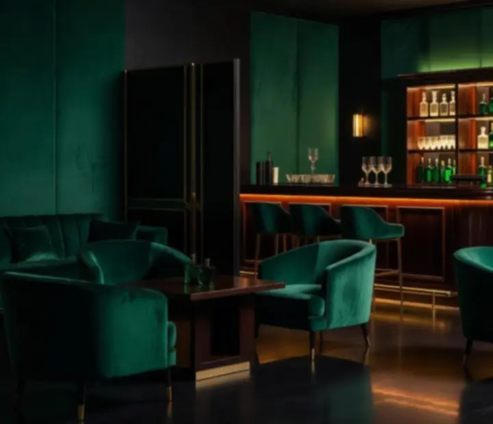 Rich jade bistro interior with polished wood and club-style lighting