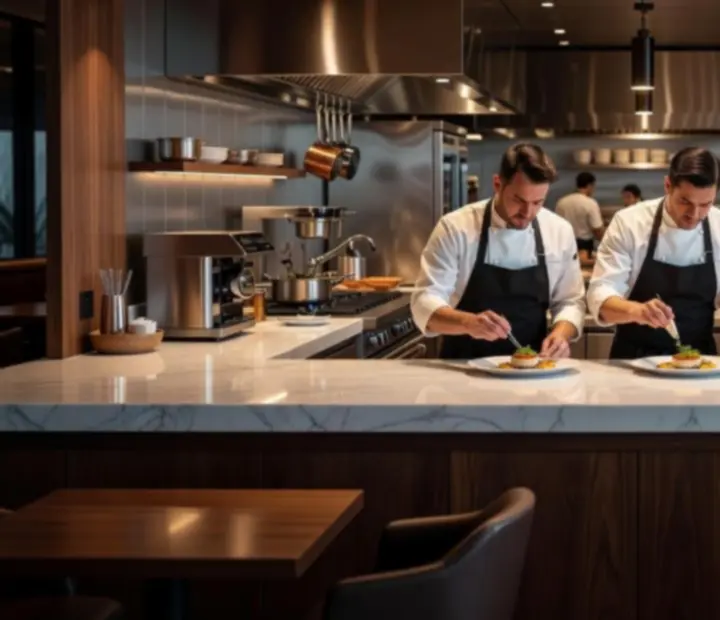 Chefs working in an open kitchen with guests watching from the bistro