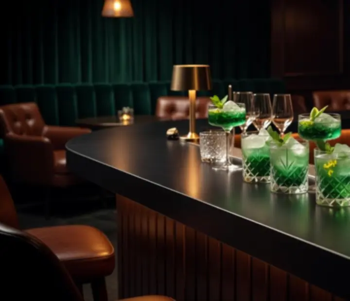 Emerald-toned cocktail at the salon bar
