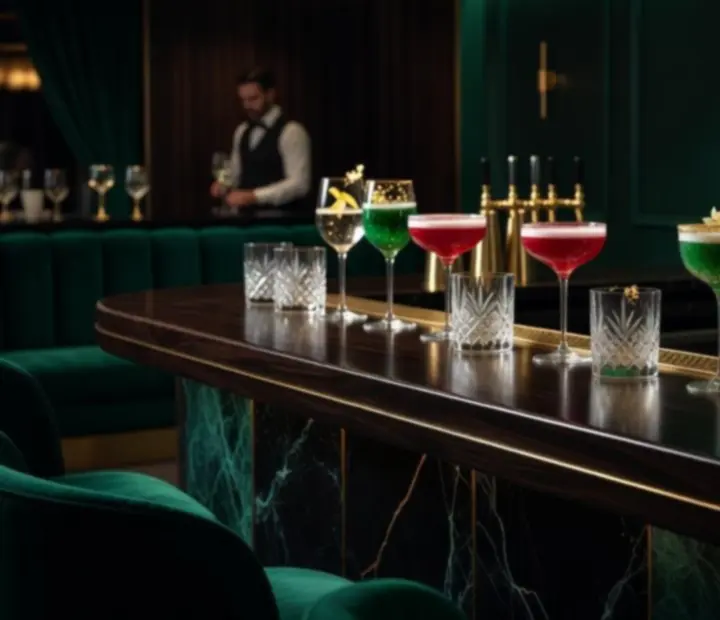 Selection of signature cocktails arranged on a polished dark jade bar counter