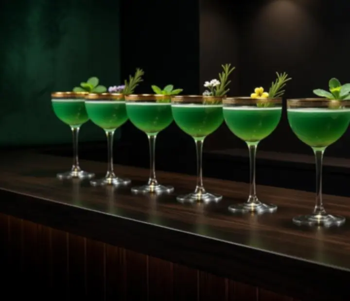 Signature cocktails glowing against a dark jade bar backdrop