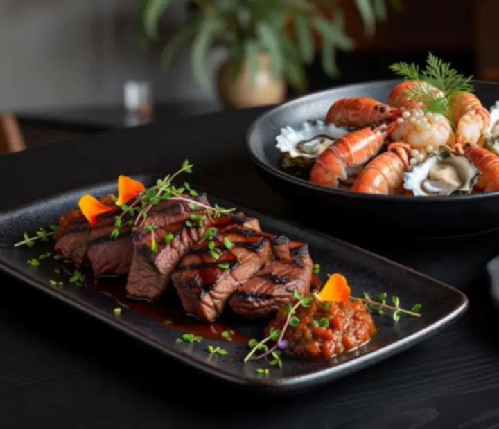 Chef plating modern Australian signature dishes under warm jade-toned lighting